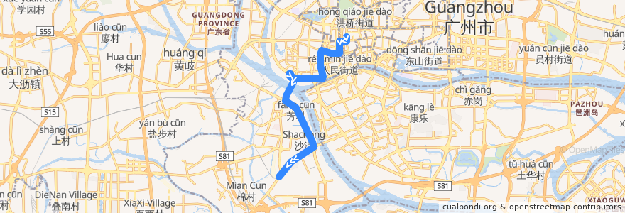 Mapa del recorrido 217路(广卫路总站-芳村西塱总站) de la línea  en گوانگ‌ژو.