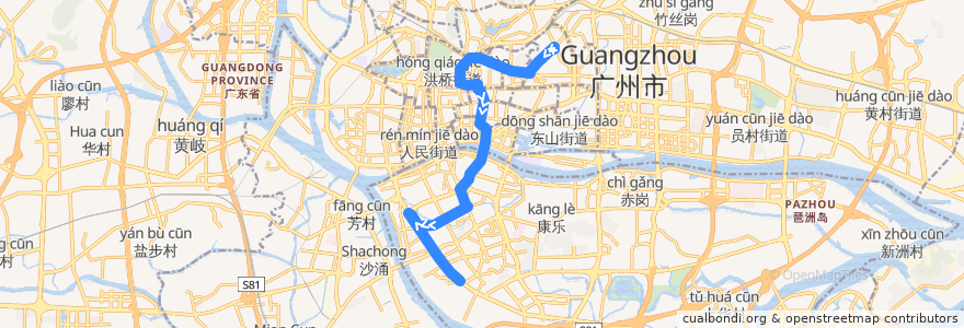 Mapa del recorrido 220路(动物园总站-南箕路总站) de la línea  en Guangzhou City.