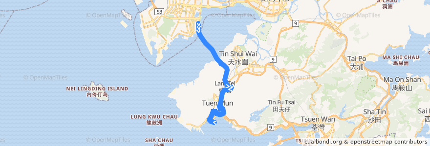 Mapa del recorrido 城巴B3線 Citybus B3 (深圳灣口岸 Shenzhen Bay Port → 屯門碼頭 Tuen Mun Ferry Pier (加停紅橋 stopping at Hung Kiu)) de la línea  en Гонконг.