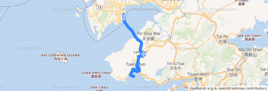 Mapa del recorrido 城巴B3線 Citybus B3 (深圳灣口岸 Shenzhen Bay Port → 屯門碼頭 Tuen Mun Ferry Pier) de la línea  en Hong Kong.