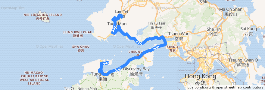 Mapa del recorrido 龍運巴士NA33線 Long Win Bus NA33 (大橋香港口岸 HZMB HK Port → 屯門（富泰） Tuen Mun (Fu Tai)) de la línea  en 香港 Hong Kong.