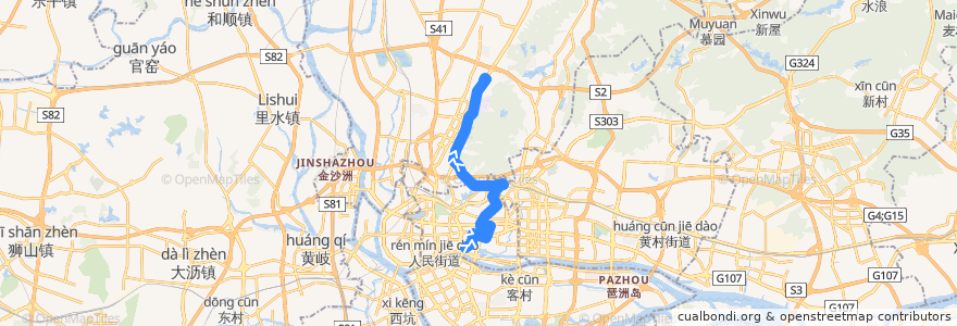 Mapa del recorrido 223路(白云路总站-白云花园总站) de la línea  en Canton.