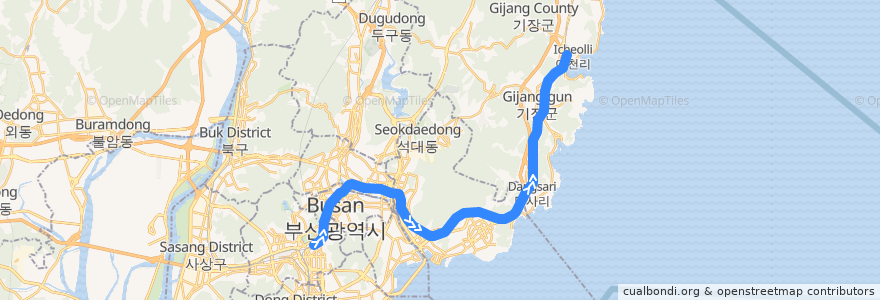 Mapa del recorrido 동해선 광역전철: 부전 → 일광 de la línea  en 대한민국.