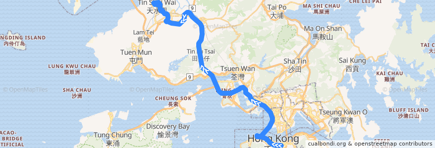 Mapa del recorrido 過海隧巴969A線 Cross-harbour Bus 969A (灣仔 Wan Chai → 天水圍市中心 Tin Shui Wai Town Centre) de la línea  en Hong Kong.