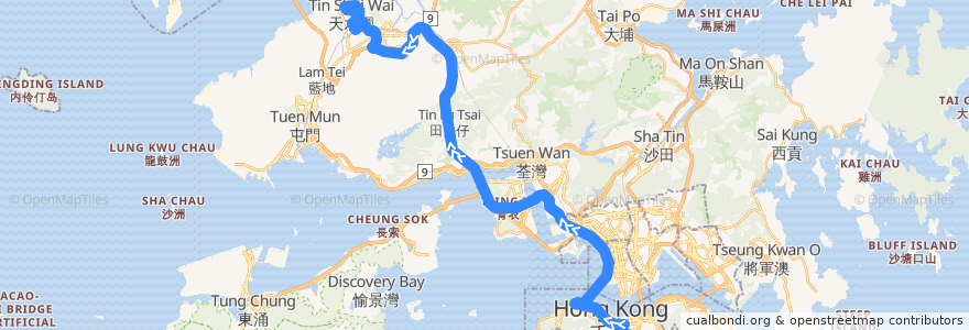 Mapa del recorrido 過海隧巴969B線 Cross-harbour Bus 969B (灣仔 Wan Chai → 天水圍市中心 Tin Shui Wai Town Centre) de la línea  en 香港 Hong Kong.