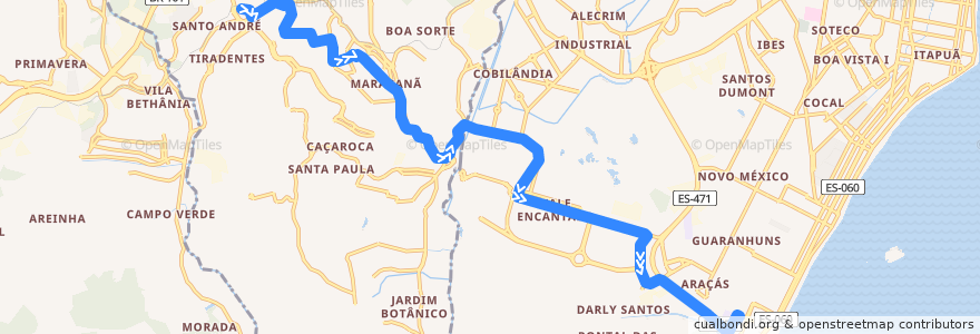 Mapa del recorrido 588 Terminal de Campo Grande / Terminal de Itaparica via Itapemirim e Vale Encatado de la línea  en Região Metropolitana da Grande Vitória.