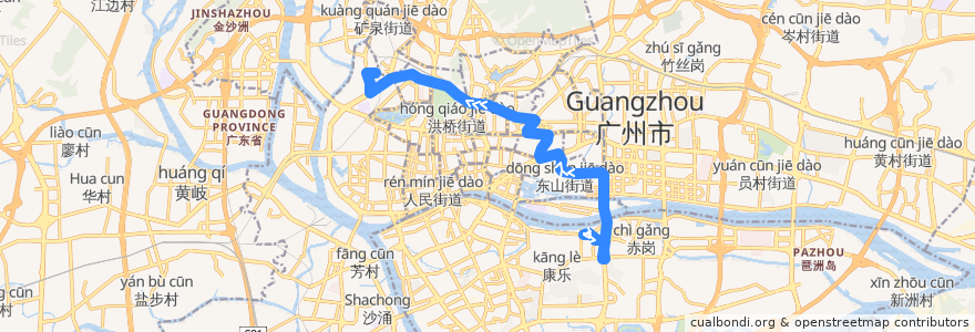 Mapa del recorrido 225路(滨江东路总站-机务段总站) de la línea  en Guangzhou City.