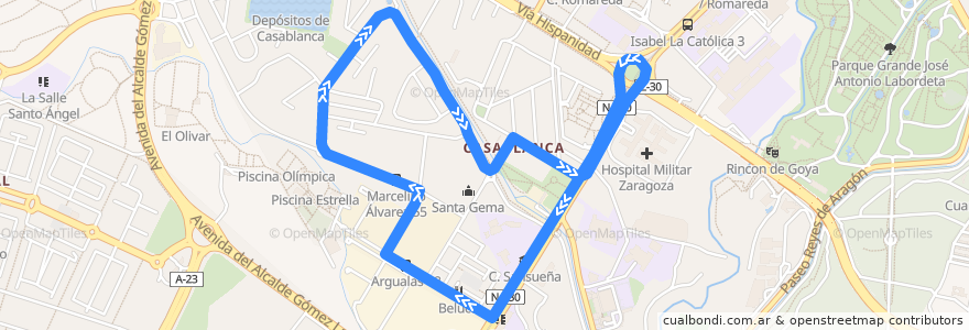 Mapa del recorrido Bus 57: Casablanca - Tranvía de la línea  en Zaragoza.