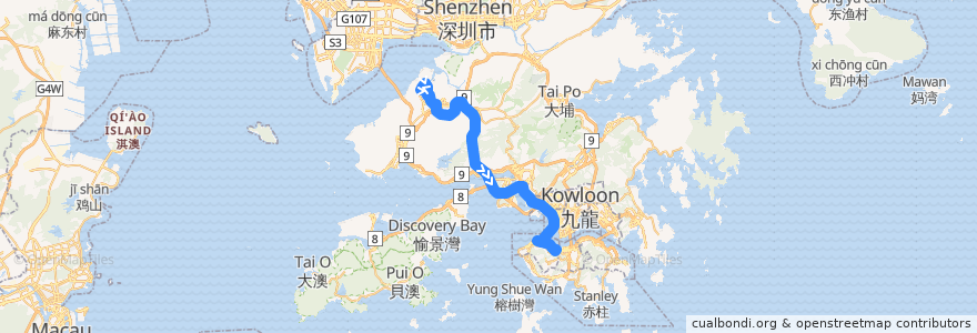 Mapa del recorrido 過海隧巴967線 Cross-harbour Bus 967 (天恩邨 Tin Yan Estate → 金鐘 Admiralty) de la línea  en 香港 Hong Kong.