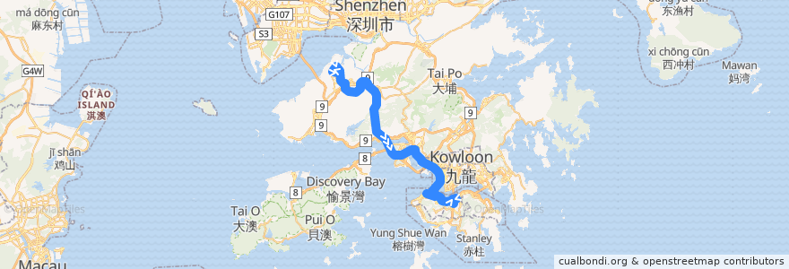 Mapa del recorrido 過海隧巴967X線 Cross-harbour Bus 967X (天恩邨 Tin Yan Estate → 銅鑼灣 Causeway Bay) de la línea  en Hong Kong.