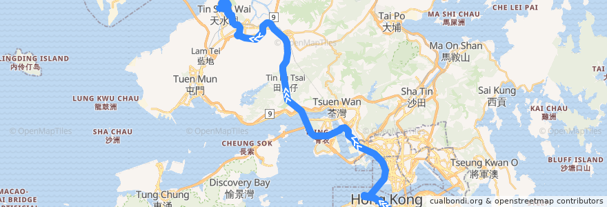 Mapa del recorrido 過海隧巴967線 Cross-harbour Bus 967 (金鐘 Admiralty → 天恩邨 Tin Yan Estate) de la línea  en Гонконг.