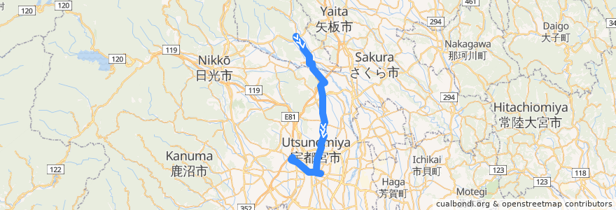 Mapa del recorrido 関東自動車バス[10] 玉生車庫⇒駒生営業所 de la línea  en Präfektur Tochigi.