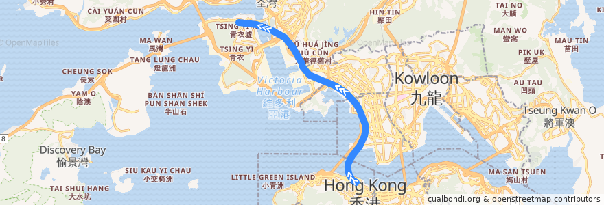 Mapa del recorrido 東涌綫 Tung Chung Line (香港 Hong Kong → 青衣 Tsing Yi) de la línea  en Hongkong.