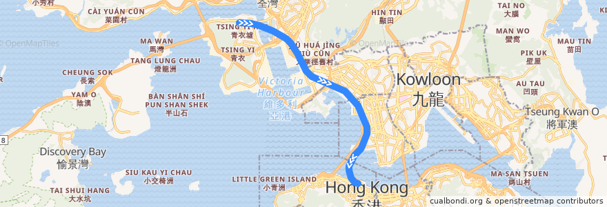 Mapa del recorrido 東涌綫 Tung Chung Line (青衣 Tsing Yi → 香港 Hong Kong) de la línea  en Hong Kong.