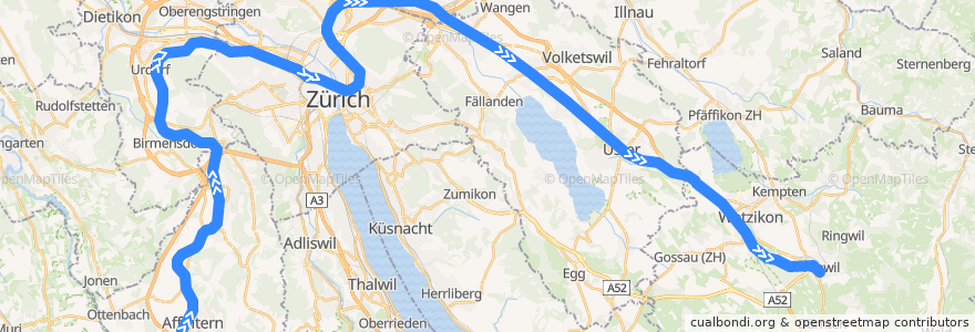 Mapa del recorrido S14: Affoltern am Albis –> Hinwil de la línea  en 蘇黎世州.