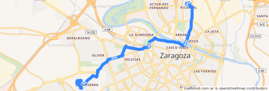 Mapa del recorrido Bus 36: Picarral => Valdefierro de la línea  en Zaragoza.