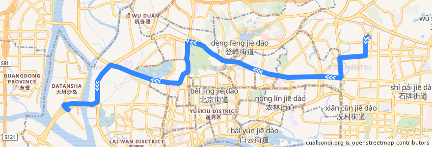 Mapa del recorrido 256路(广州火车东站总站-珠岛花园总站) de la línea  en Guangzhou City.