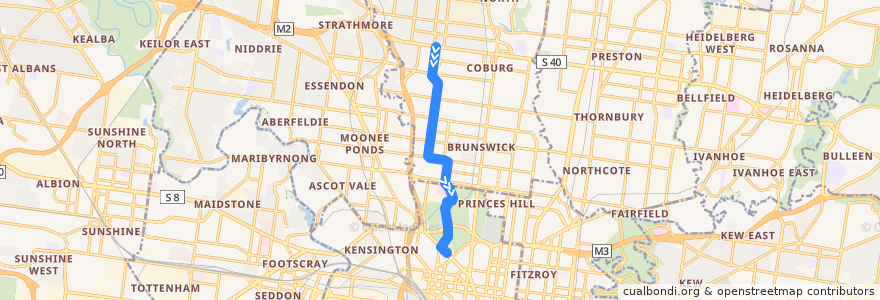 Mapa del recorrido Tram 58d: West Coburg => Essendon Depot (Royal Children's Hospital) de la línea  en Melbourne.