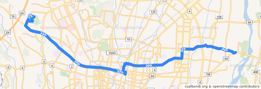 Mapa del recorrido 関東自動車バス[12] 駒生営業所⇒健康の森・越戸⇒柳田車庫 de la línea  en Utsunomiya.