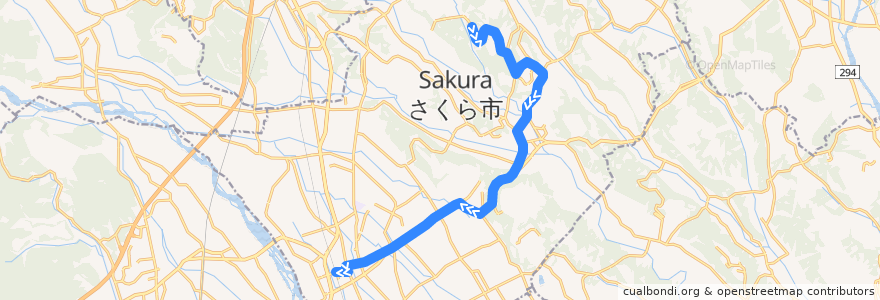 Mapa del recorrido 東野交通バス びゅうフォレスト⇒フィオーレ喜連川⇒氏家駅前 de la línea  en さくら市.