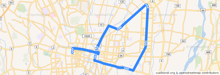 Mapa del recorrido 関東自動車バス 宇都宮東武⇒平出工業団地循環（竹林先回り） de la línea  en 宇都宮市.