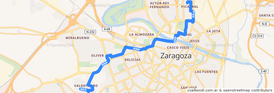 Mapa del recorrido Bus 36: Valdefierro => Picarral de la línea  en Zaragoza.