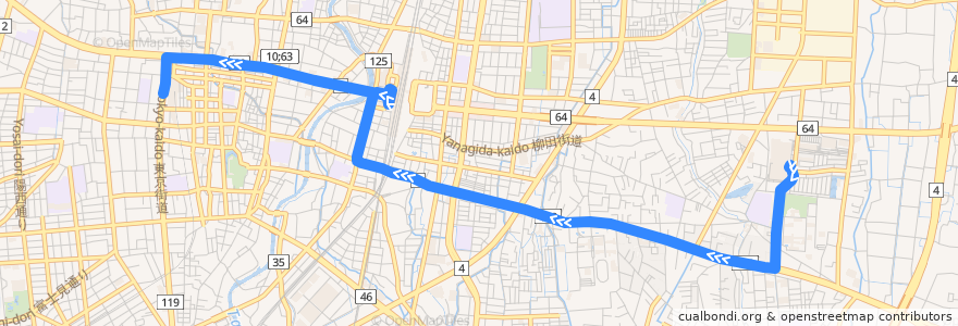 Mapa del recorrido 関東自動車バス ベルモール⇒宇大⇒宇都宮東武 de la línea  en Utsunomiya.