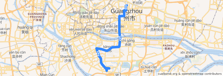 Mapa del recorrido 263路(广州火车东站总站-盈丰路总站) de la línea  en Guangzhou.