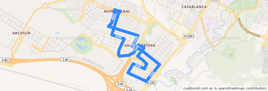 Mapa del recorrido Bus 56: Valdespartera - Tranvía de la línea  en 사라고사.