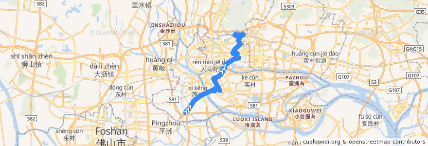 Mapa del recorrido 285路[花地大道南(鹅公村)总站-云台花园总站] de la línea  en Cantão.