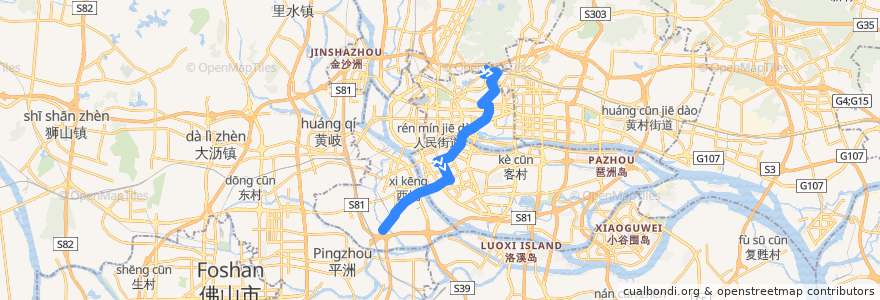 Mapa del recorrido 285路[云台花园总站-花地大道南(鹅公村)总站] de la línea  en Cantón.