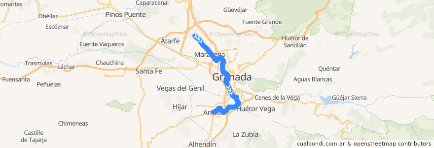 Mapa del recorrido Línea 1 - Metro de Granada (Albolote→Armilla) de la línea  en Comarca de la Vega de Granada.