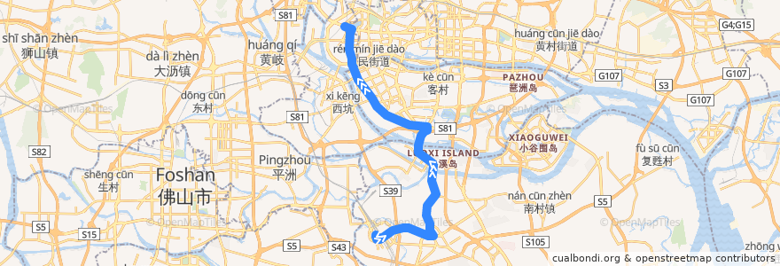 Mapa del recorrido 288A路(广州火车南站总站-西华路尾总站) de la línea  en Guangzhou.