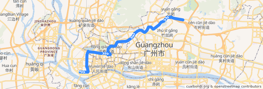 Mapa del recorrido 297路(黄沙总站-乐意居花园总站) de la línea  en Guangzhou.