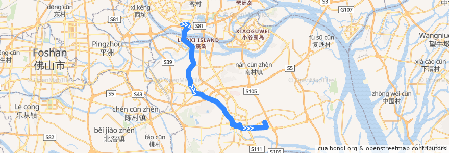 Mapa del recorrido 301路(傍雁路临时公交总站-海珠客运站总站) de la línea  en Distretto di Panyu.