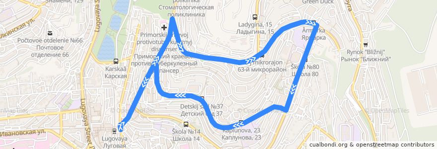 Mapa del recorrido Автобус 46: Шепеткова - Ярмарка - Каплунова, 23 - Шепеткова de la línea  en Владивостокский городской округ.