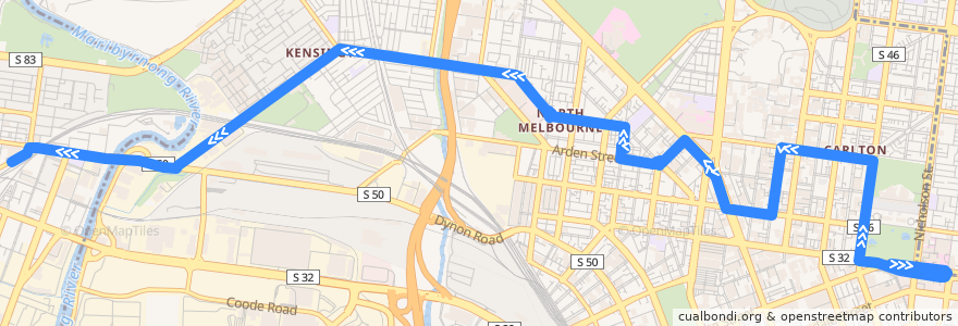 Mapa del recorrido Bus 402: East Melbourne => North Melbourne => Footscray Station de la línea  en City of Melbourne.