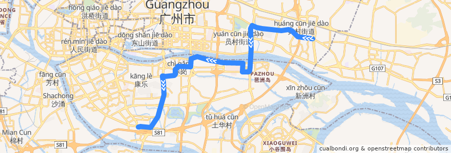 Mapa del recorrido B7路(东圃客运站总站-海珠客运站总站) de la línea  en Guangzhou.