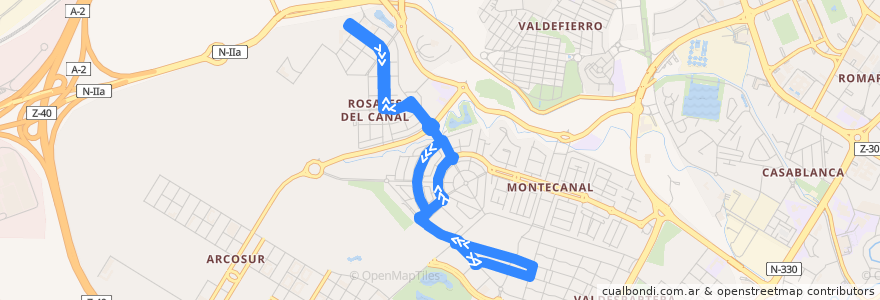 Mapa del recorrido Bus 54: Rosales del Canal - Tranvía de la línea  en Zaragoza.