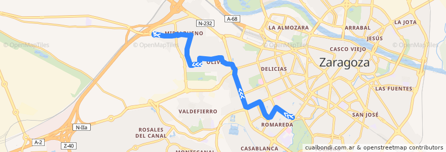 Mapa del recorrido Bus 53: Plaza Emperador Carlos V => Miralbueno de la línea  en Zaragoza.