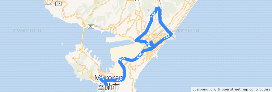 Mapa del recorrido 中央町工大循環線 de la línea  en 室蘭市.