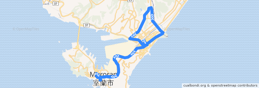 Mapa del recorrido 中央町工大循環線 de la línea  en 室蘭市.