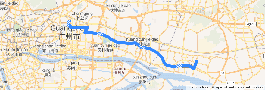 Mapa del recorrido B17路(广州火车东站总站-石化路总站) de la línea  en Canton.