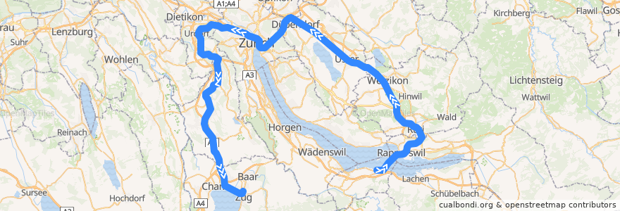 Mapa del recorrido S5: Pfäffkon SZ –> Zug de la línea  en Zürich.