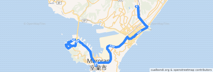 Mapa del recorrido みたら・水族館前工大線 de la línea  en 室蘭市.