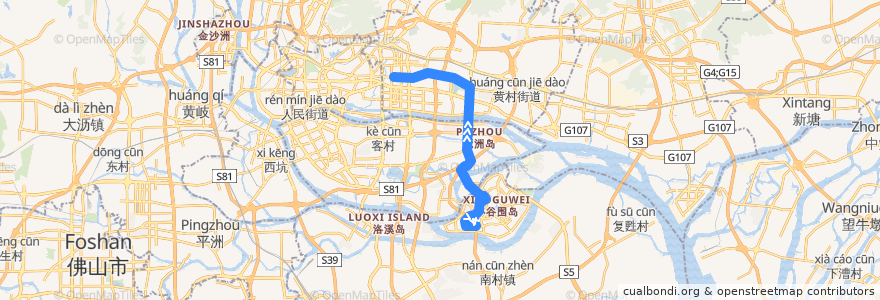 Mapa del recorrido B25路(大学城中部枢纽总站-BRT体育中心) de la línea  en Guangzhou.