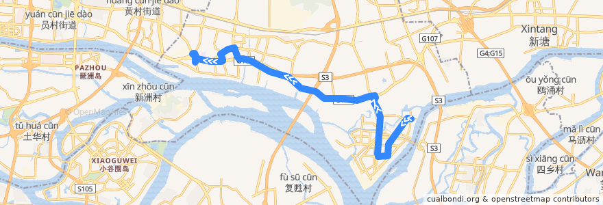 Mapa del recorrido B28路[保税区(酒博城)总站-地铁鱼珠站总站] de la línea  en Distretto di Huangpu.