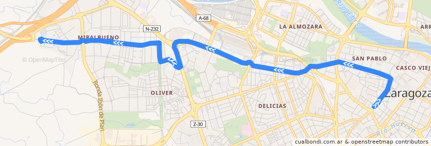 Mapa del recorrido Bus 52: Puerta del Carmen => Miralbueno de la línea  en Saragoça.