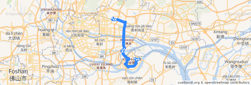 Mapa del recorrido 大学城2线(大学城广中医总站-华工大总站) de la línea  en Guangzhou City.