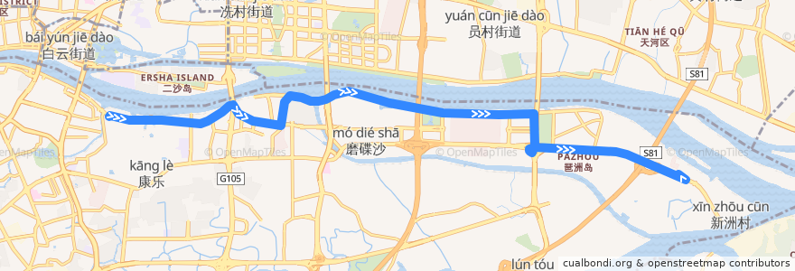 Mapa del recorrido 旅游观光1线(珠江泳场总站-黄埔古村总站) de la línea  en Guangzhou.